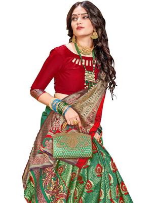 Green woven silk saree with blouse 2