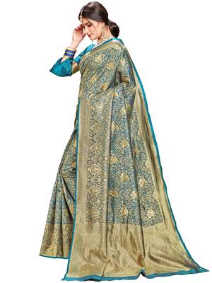 Green woven silk saree with blouse 2