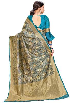 Green woven silk saree with blouse 3