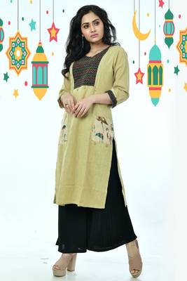 Beige Geometric Pattern Kantha Patch Cotton Kurti With Flamingo Printed Pockets 1