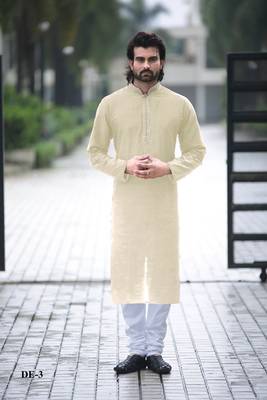 Beige plain cotton men-kurtas 1
