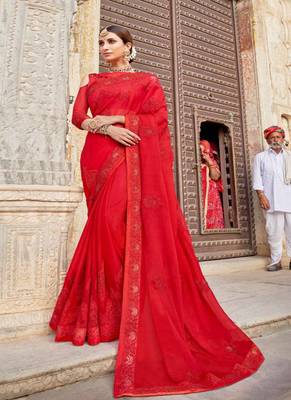 Red embroidered georgette saree with blouse 1
