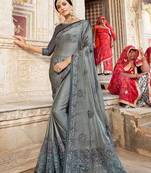 Grey embroidered silk saree with blouse