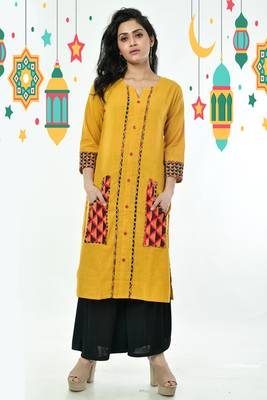 Yellow Cotton Kurti With Embroidered Front Panel And Front Pockets 1