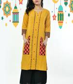 Yellow Cotton Kurti With Embroidered Front Panel And Front Pockets