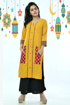 Yellow Cotton Kurti With Embroidered Front Panel And Front Pockets 2