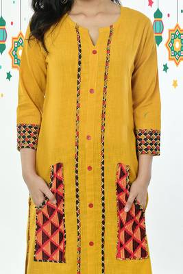 Yellow Cotton Kurti With Embroidered Front Panel And Front Pockets 3