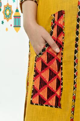 Yellow Cotton Kurti With Embroidered Front Panel And Front Pockets 4