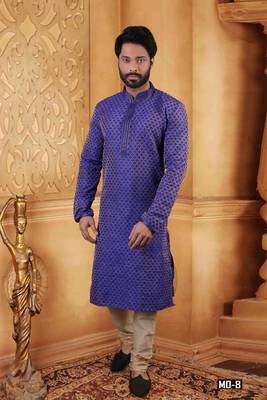 Blue embroidered jacquard men-kurtas 1