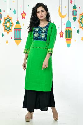 Kelly Green And Blue Ari Stitched Patch With Foil Mirror Cotton Kurti 1