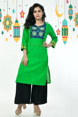 Kelly Green And Blue Ari Stitched Patch With Foil Mirror Cotton Kurti 2