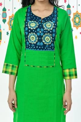 Kelly Green And Blue Ari Stitched Patch With Foil Mirror Cotton Kurti 3