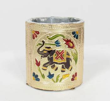 Handcraft Designed Silver Coated Round  Steel Box Golden Coloured For Home Use 1