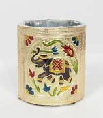 Handcraft Designed Silver Coated Round  Steel Box Golden Coloured For Home Use