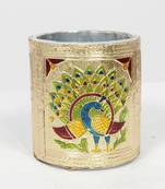 Handcraft Designed Silver Coated Round  Steel Box Golden Coloured For Home Use