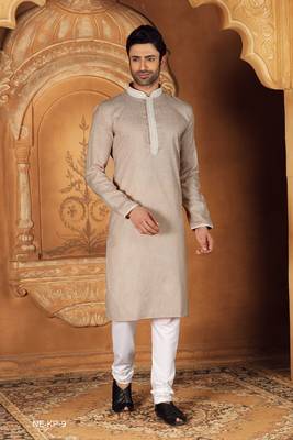 Beige plain cotton men-kurtas 1