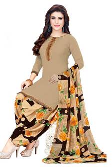 Brown Printed Crepe Salwar Unstitched