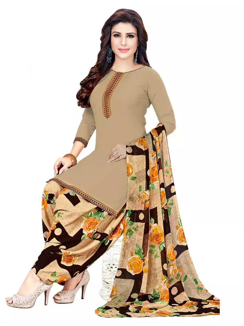 Brown Printed Crepe Salwar Unstitched