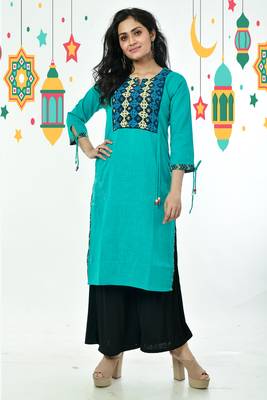Dusty Cyan Blue Resham Gujrati Work Cotton Kurti 1