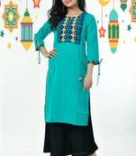 Dusty Cyan Blue Resham Gujrati Work Cotton Kurti