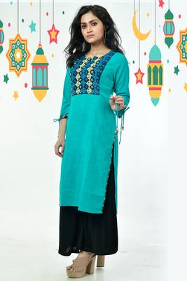 Dusty Cyan Blue Resham Gujrati Work Cotton Kurti 2