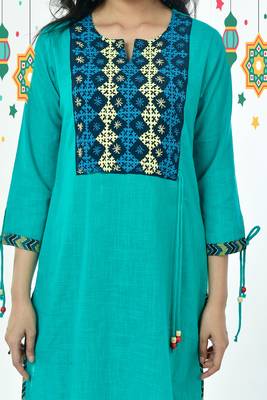 Dusty Cyan Blue Resham Gujrati Work Cotton Kurti 3