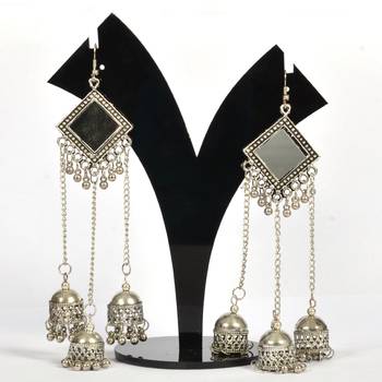 Silver Oxidized Afghani Tribal Mirror Dangle Light Weight Jhumki Earrings For Women And Girls 1