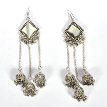 Silver Oxidized Afghani Tribal Mirror Dangle Light Weight Jhumki Earrings For Women And Girls 2