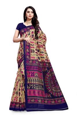 Beige printed bhagalpuri cotton saree with blouse 1