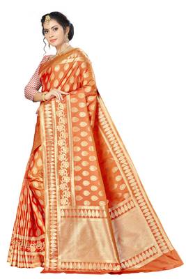 Orange woven silk saree with blouse 3