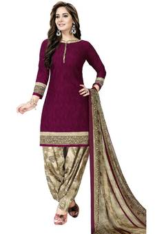 Magenta Abstract Print Crepe Salwar With Dupatta Unstitched