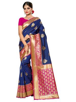 Navy blue woven silk saree with blouse 1