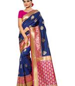 Navy blue woven silk saree with blouse