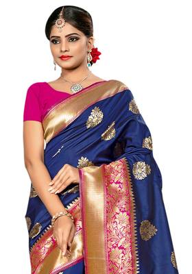 Navy blue woven silk saree with blouse 2