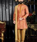 Orange embroidered jaquard kurta-pajama