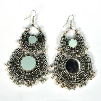 Silver Oxidized Afghani Tribal Mirror Dangle Light Weight Earrings For Women And Girls 2