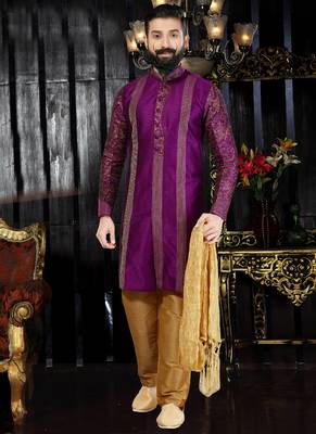 Purple embroidered art dupion silk kurta-pajama 1