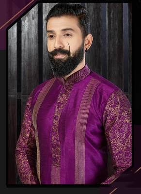 Purple embroidered art dupion silk kurta-pajama 2