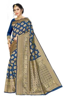 Navy blue woven silk saree with blouse 1