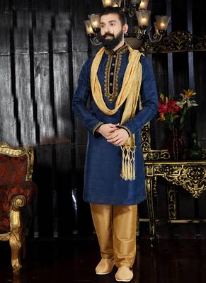 Blue embroidered art dupion silk kurta-pajama 1