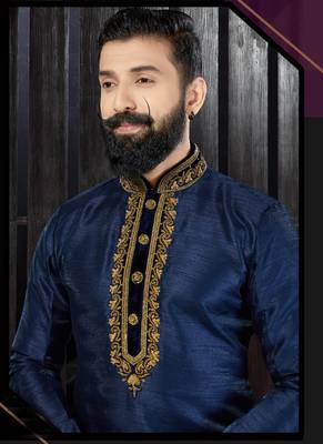 Blue embroidered art dupion silk kurta-pajama 2