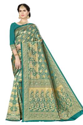 Green woven silk saree with blouse 1