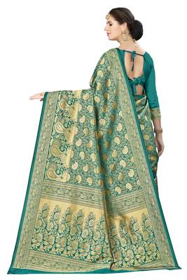 Green woven silk saree with blouse 3