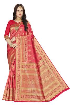 Red woven silk saree with blouse 1