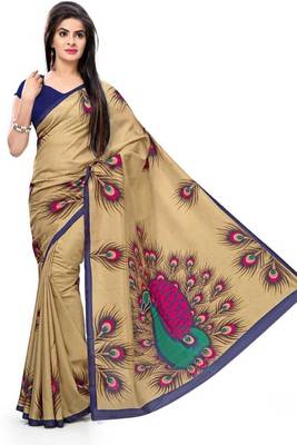 Classic Enterprise Peacock Feather Print Malgudi Golden Mysore Silk Saree 1