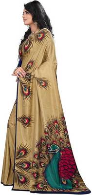 Classic Enterprise Peacock Feather Print Malgudi Golden Mysore Silk Saree 2