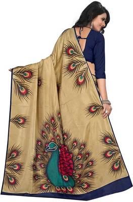 Classic Enterprise Peacock Feather Print Malgudi Golden Mysore Silk Saree 3