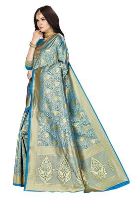 Sky blue woven silk saree with blouse 2
