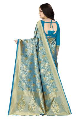 Sky blue woven silk saree with blouse 3