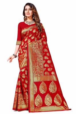 Red woven silk saree with blouse 1